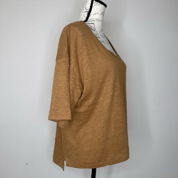 Tahari Brown 100% Linen Short Sleeve Boxy V-Neck Top Medium - Picture 2 of 7